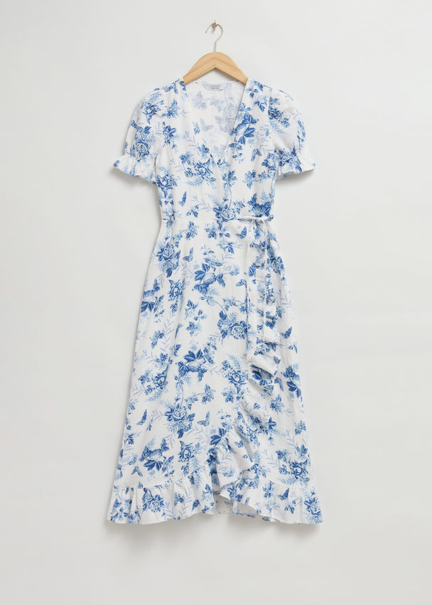 & Other Stories Linen Midi Wrap Dress White/blue Floral Print