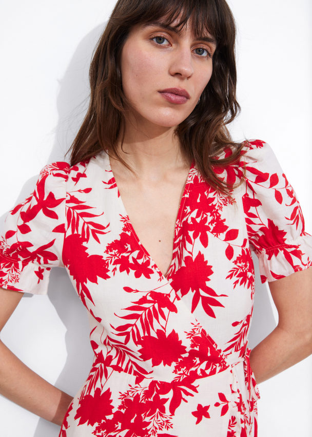 & Other Stories Linen Midi Wrap Dress Red Floral Print