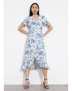Linen Midi Wrap Dress White/blue Floral Print