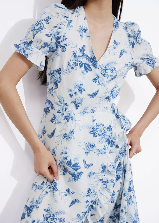 & Other Stories Linen Midi Wrap Dress White/blue Floral Print