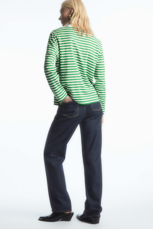 COS Long-sleeved Mock-neck T-shirt Green / Striped