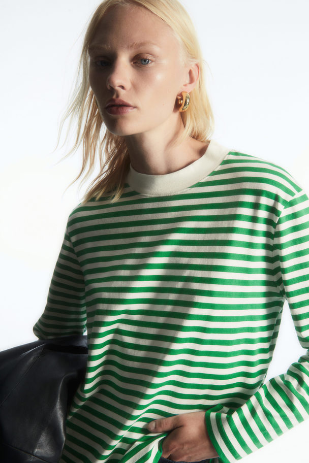 COS Long-sleeved Mock-neck T-shirt Green / Striped