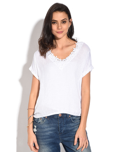 Laced V-neck Top With Short Sleeves