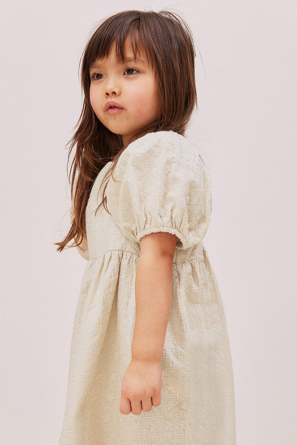 H&M Embroidered Cotton Dress Light Beige