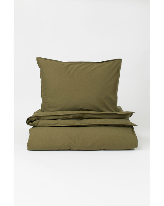 H&M HOME Washed Cotton Duvet Cover Set Khaki Green