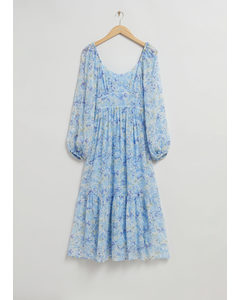 Scoop-neck Chiffon Midi Dress Blue Floral Print