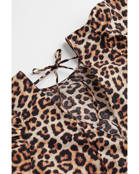 H&M Puff-sleeved Dress Light Beige/leopard Print
