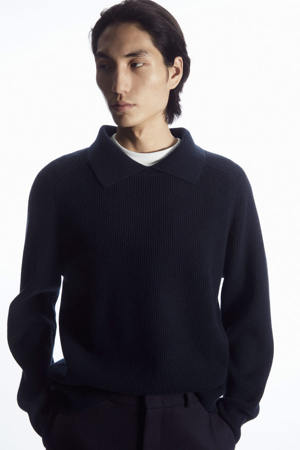 COS Open-collar Wool And Cashmere Polo Shirt Navy