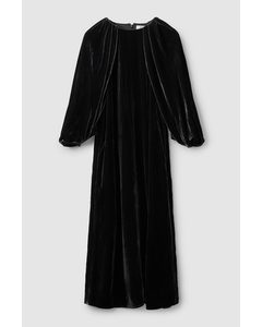Silk Velvet Puff Sleeve Dress Dark Grey