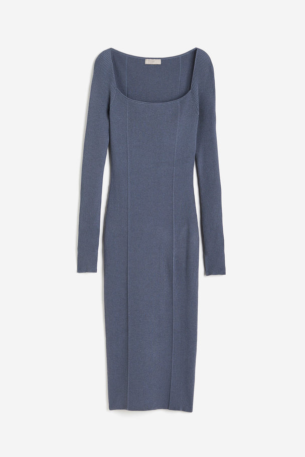 H&M Geripptes Kleid mit Karree-Ausschnitt Taubenblau