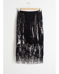 Sequin Fringe Pencil Skirt Black