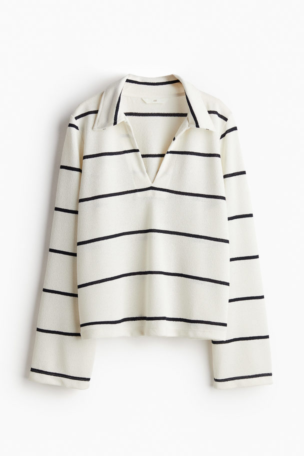 H&M Textured Jersey Top White/navy Blue Striped