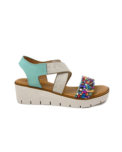 Lucina Green Wedge Sandal In Leather With Elastics And Decorated With Fantasy Pebbles