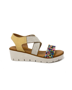 Lucina Yellow Wedge Sandal In Leather With Elastics And Decorated With Fantasy Pebbles