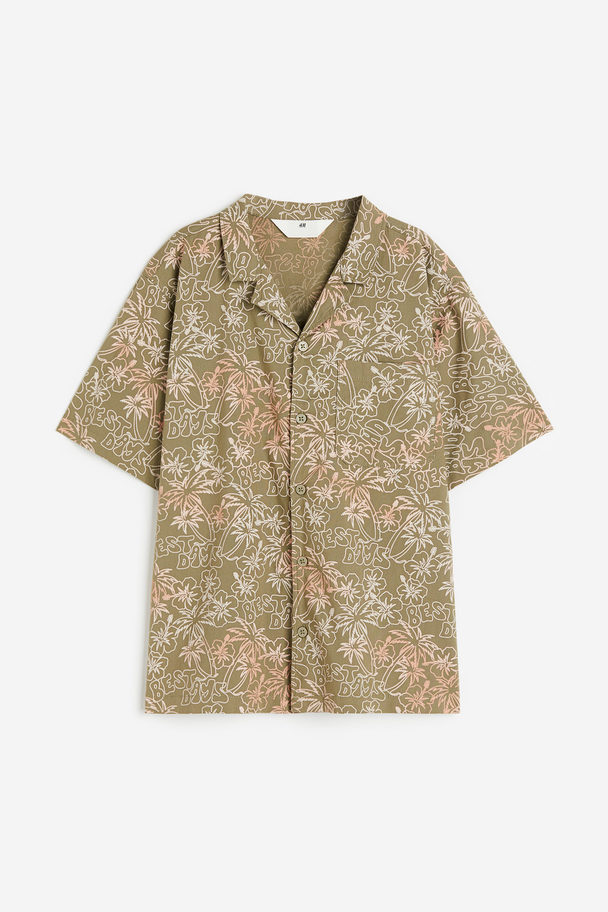 H&M Cotton Resort Shirt Khaki Green/tropical
