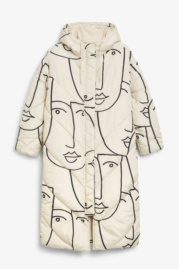 Monki Long Puffer Coat Abstract Faces Print