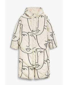 Long Puffer Coat Abstract Faces Print