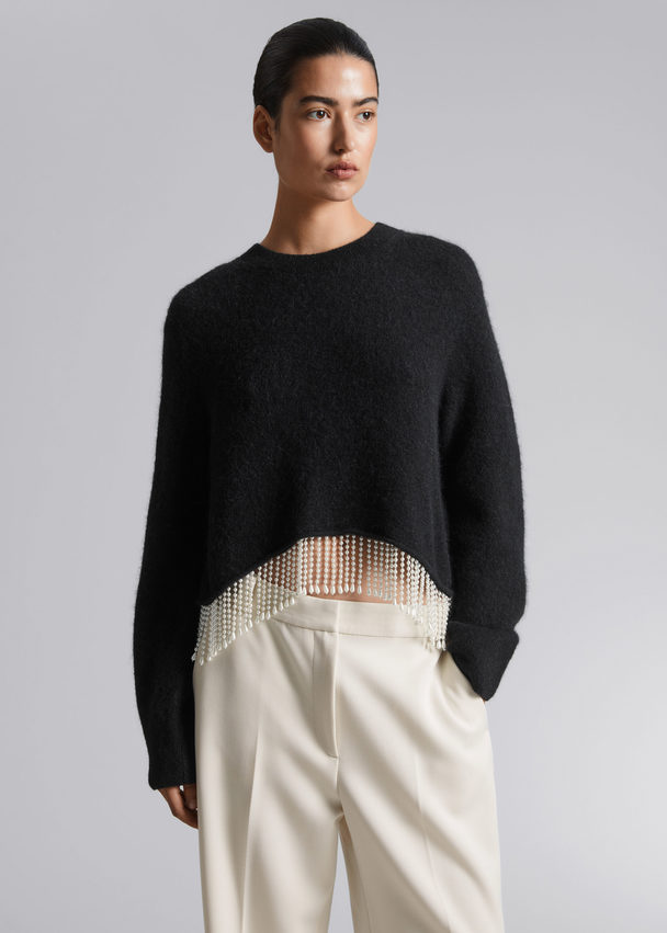 & Other Stories Pearl Fringed Cropped Jumper  Black