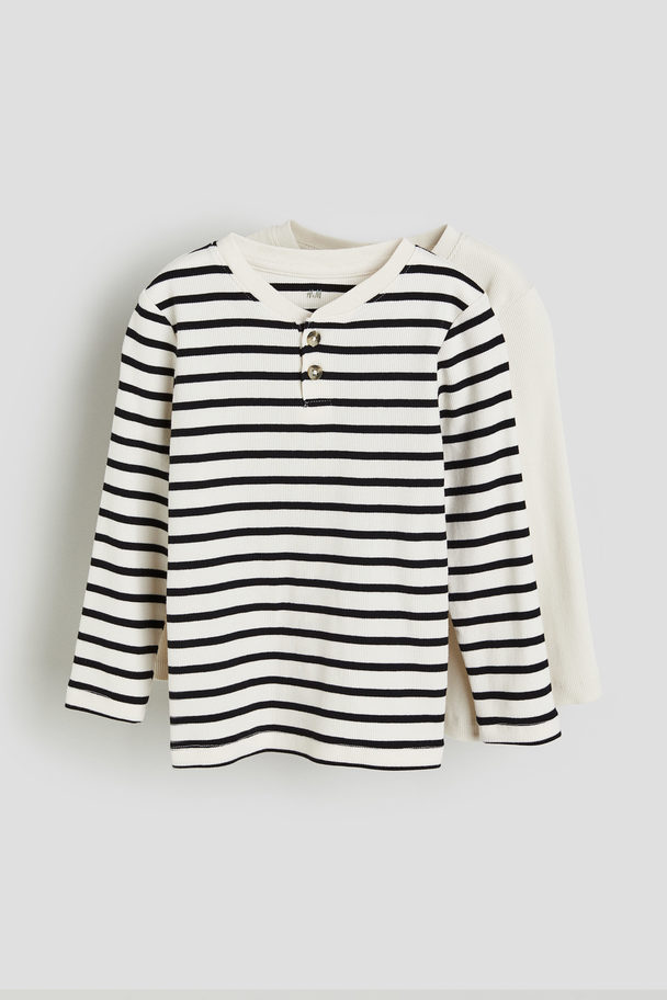 H&M 2-pack Ribbed Henley Tops Natural White/striped