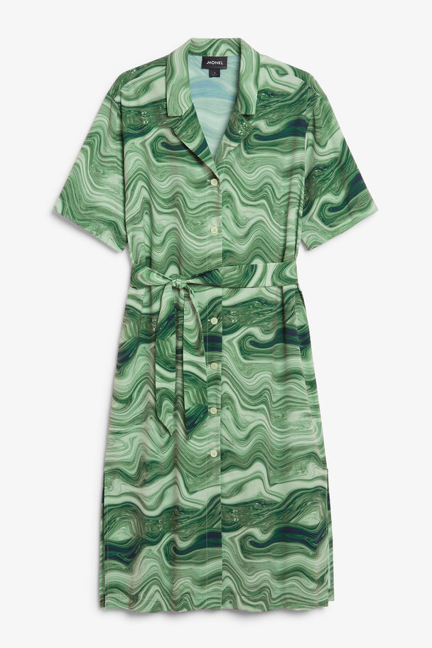 Monki Wavy Green Resort Collar Shirt Dress Wavy Stones