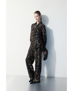 The Feather-print Silk Trousers Black / Feather Print