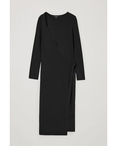 Asymmetric Knitted Wrap Dress Black