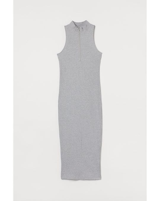 H&M Ribbed Stand-up Collar Dress Light Grey Marl