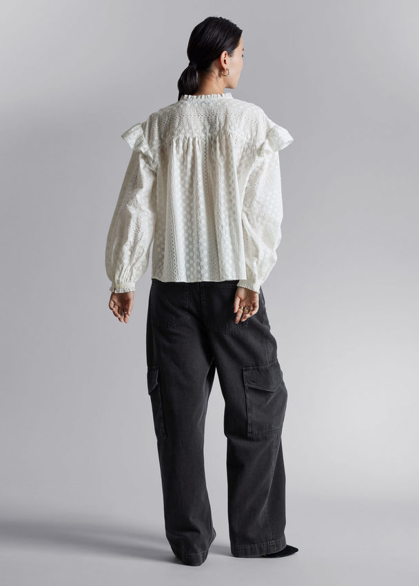 & Other Stories Frilled Floral Embroidery Blouse Ivory