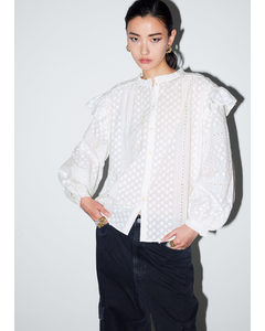 Frilled Floral Embroidery Blouse Ivory
