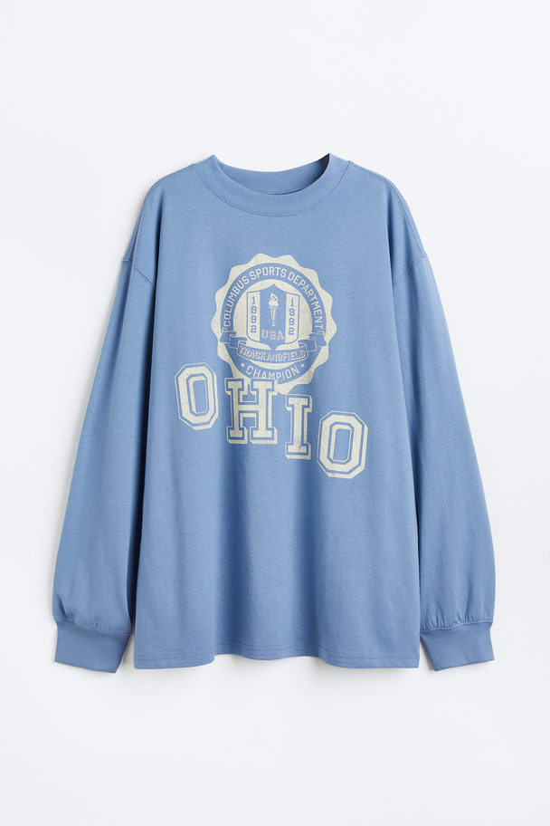 H&M Long-sleeved Printed Top Blue/ohio