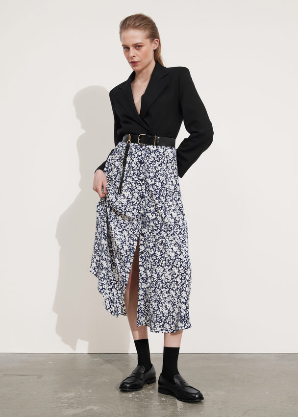 & Other Stories Buttoned A-line Midi Skirt Dark Blue/white Floral Print