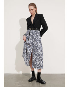 Buttoned A-line Midi Skirt Dark Blue/white Floral Print