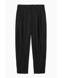High-waisted Tapered Twill Trousers Black