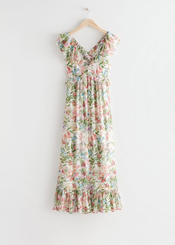 & Other Stories Printed Ruffle Midi Dress Green Florals
