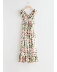 Midi-kjole Med Print Og Flæser Grønne Blomster