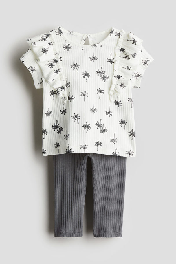 H&M 2-piece Jersey Top And Leggings Set Grey/palm Trees