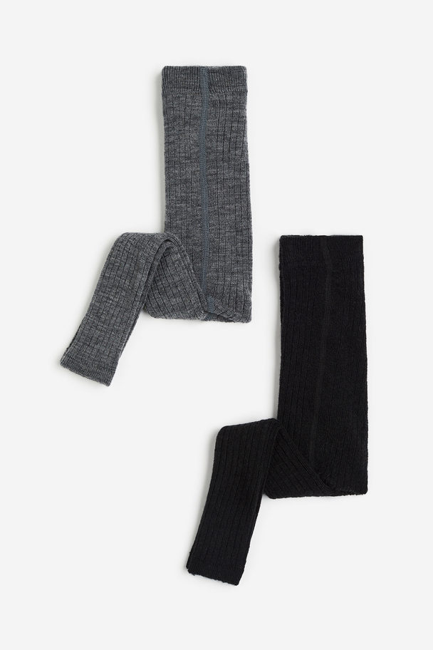 H&M 2-pak Strømpebukser I Uldblanding Uden Fødder Mørkegrå/sort
