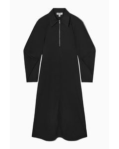 Half-zip Poplin Midi Shirt Dress Black