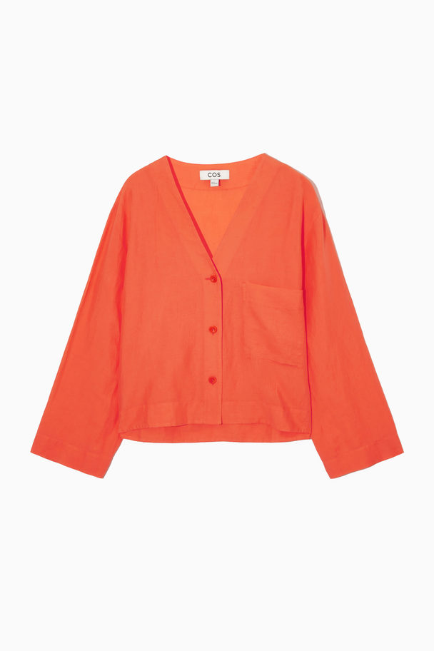 COS Cropped V-neck Linen Shirt Bright Orange