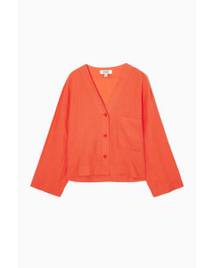 Cropped V-neck Linen Shirt Bright Orange
