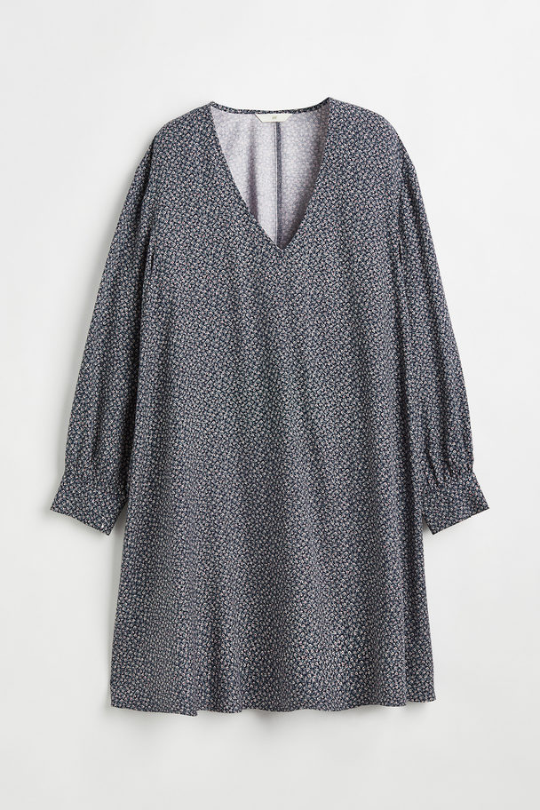 H&M Kleid mit V-Ausschnitt Dunkelblau/Kleingeblümt