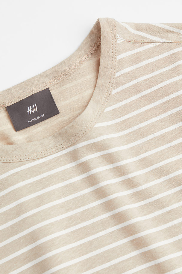 H&M Regular Fit Linen-blend T-shirt Light Beige/white Striped