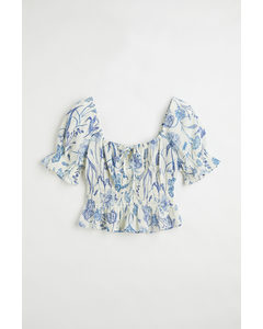 H&m+ Puff-sleeved Peplum Blouse White/floral