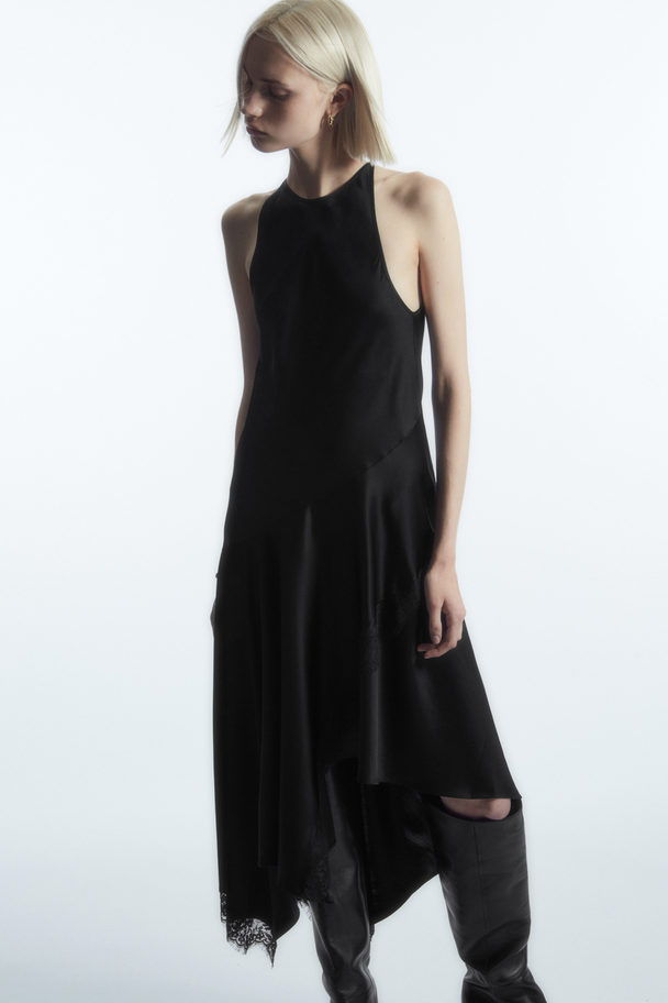 COS Asymmetric Lace-trimmed Satin Dress Black