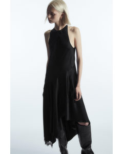 Asymmetric Lace-trimmed Satin Dress Black