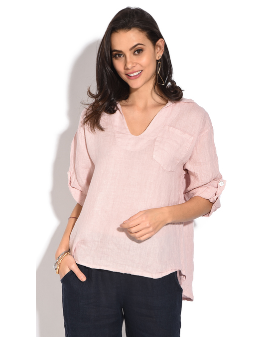 Le Jardin du Lin V-neck Top With Long Sleeves And Pockets