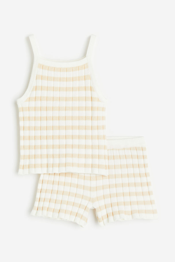 H&M 2-delt Sett Med Topp Og Shorts Hvit/beige Stripet