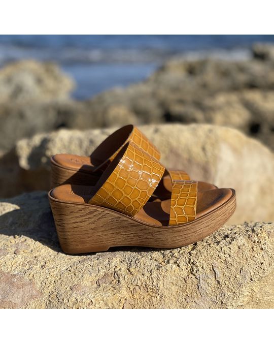 Liberitae Draco Tan Patent Platform Wedge Sandal With Engraving