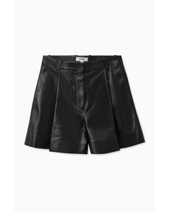 Pleated Leather Shorts Black