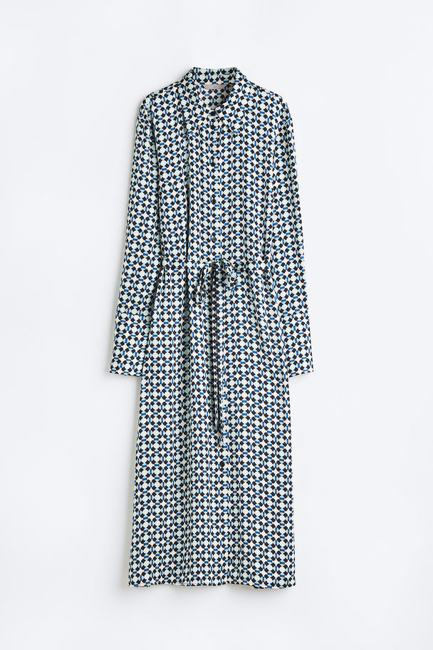 H&M Blusenkleid mit Bindegürtel Blau/Gemustert